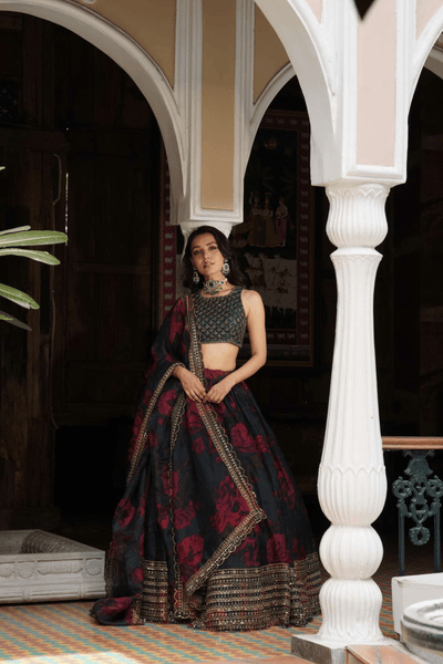 Teal Blue Floral Lehenga Set - The Grand Trunk