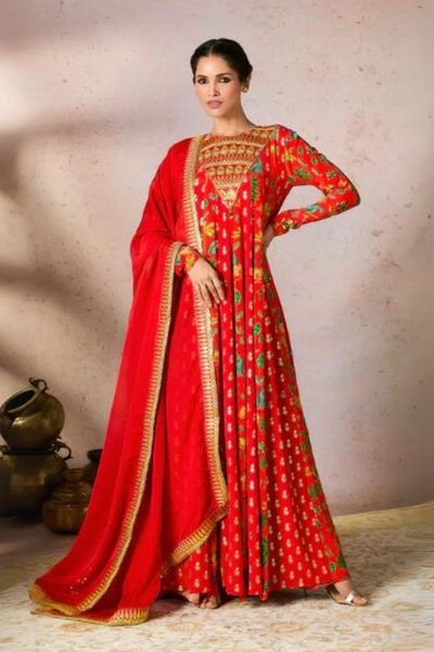 Red Tropical Rhapsody Anarkali Set