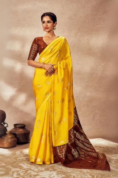 Brown And Yellow Jacquard Saree