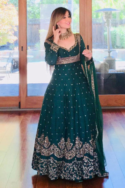 Astha Narang- Dark Green Emerald Anarkali Set - The Grand Trunk