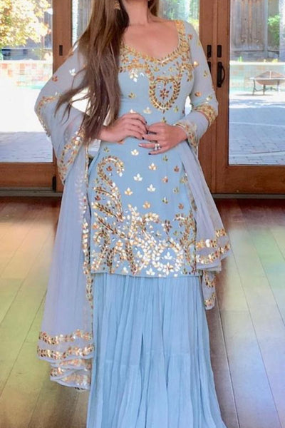 Esha Koul - Ice Blue Sharara set - The Grand Trunk