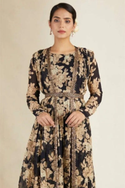 Black Floral Jumpsuit With Cape Set