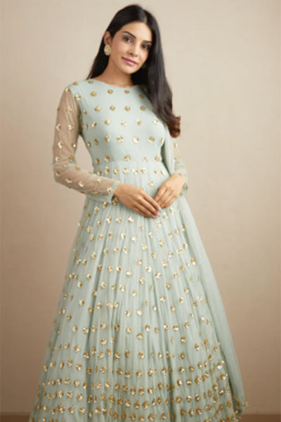 POWDER BLUE WITH GOLD BOOTIE WORK ANARKALI SET