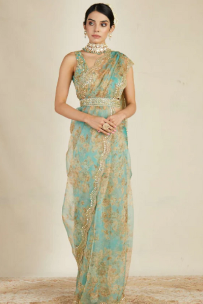 Mint Oganza Floral Saree Set