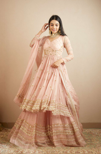 Blush Pink Organza Anarkali With Sharara Set