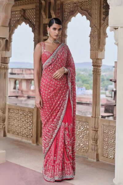 Mangalya Embroidered Georgette Saree - Red