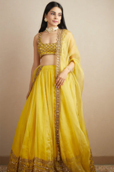 YELLOW ORGANZA SILK LEHENGA SET