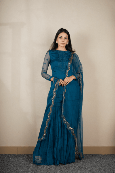 Teal Blue Threadwork Kuti And Sharara - The Grand Trunk