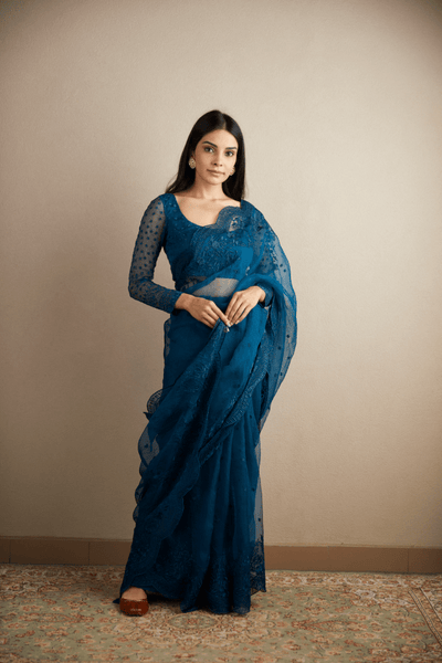 Teal Blue Threadwork Saree Set - The Grand Trunk