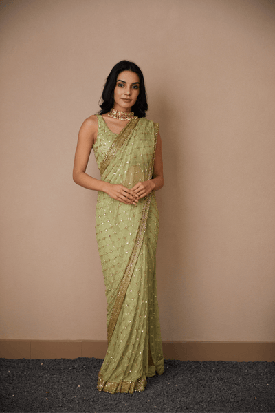 Mint Green Jaal Work Saree Set - The Grand Trunk