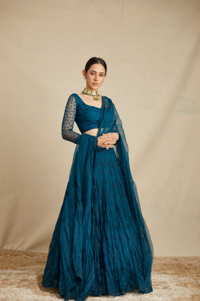 Teal Blue Threadwork Zigzag Lehenga Set - The Grand Trunk