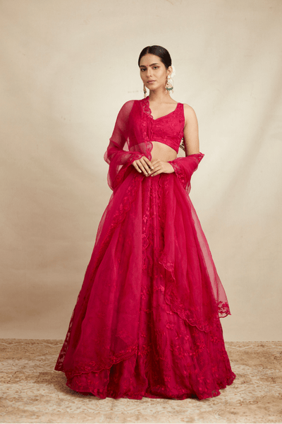 Caramine Pink Threadwork Lehenga Set - The Grand Trunk