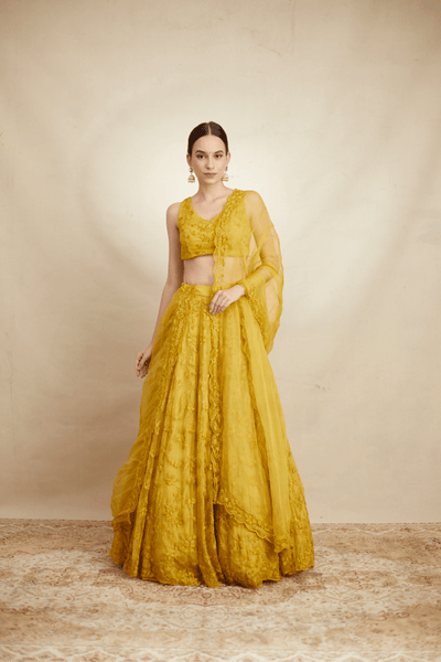 Mustard Threadwork Lehenga Set - The Grand Trunk