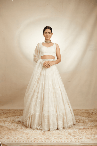 White Organza Threadwork Lehenga Set - The Grand Trunk