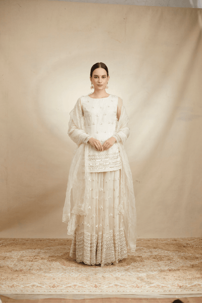 White Organza Threadwork Kurti And Sharara - The Grand Trunk