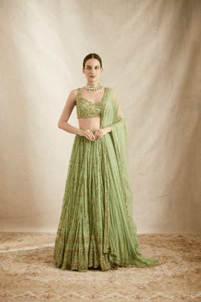 Mint Green Jaal Work Lehenga Set - The Grand Trunk