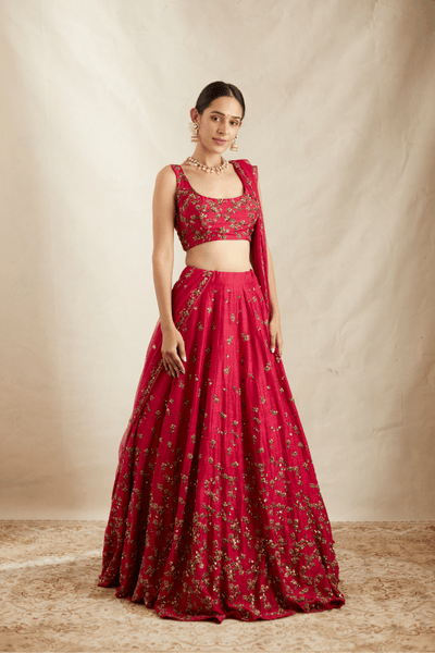 Caramine Pink Rawsilk Lehenga Set - The Grand Trunk