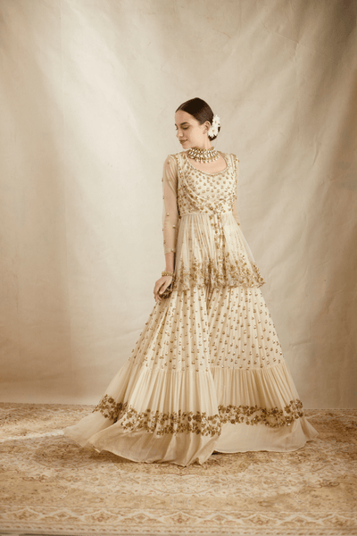 Off White With Gold Work Peplum And Sharara Set - The Grand Trunk