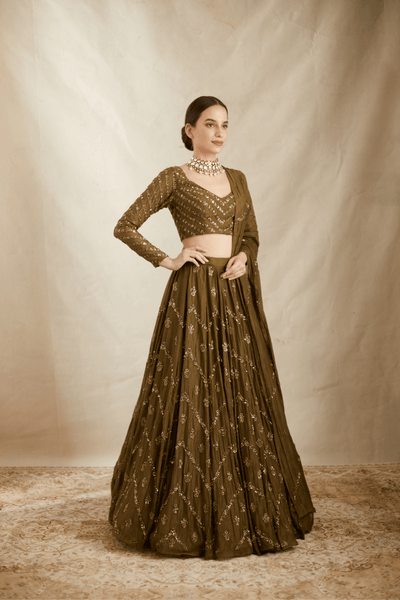 Olive Green Zigzag Work Lehenga Set - The Grand Trunk