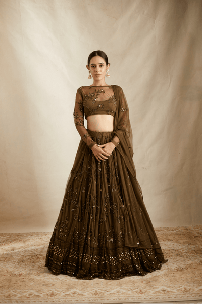 Coffee Threadwork With Hilighted Lehenga Set - The Grand Trunk