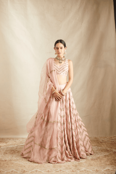 Blush Pink Rawsilk Zigzag Lehengaset - The Grand Trunk