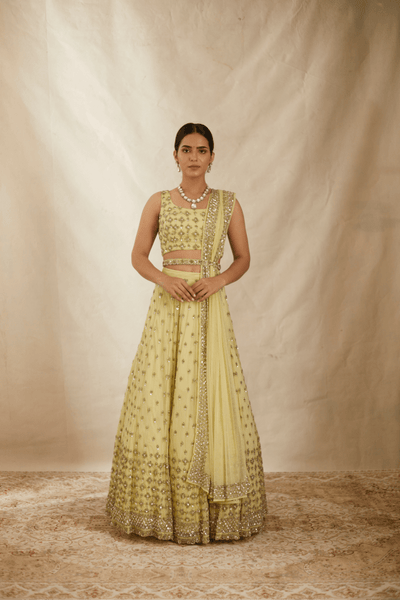 Lemon Yellow Heavy Booti Work Shimmer Lehenga Set - The Grand Trunk