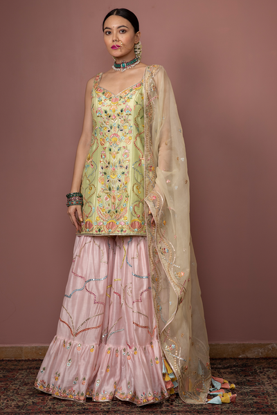 GREEN KURTA WITH PEACH GHARARA - The Grand Trunk