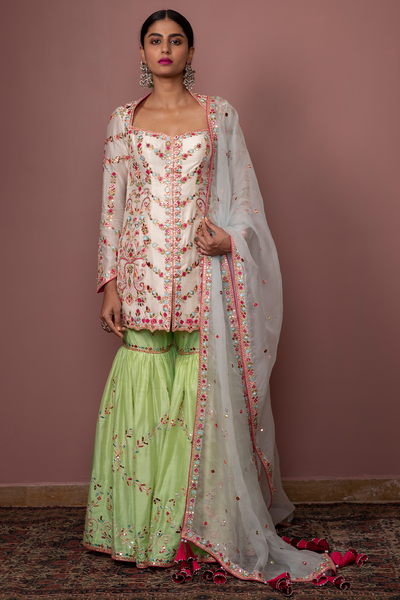 IVORY FULL SLEEVE KURTA WITH GREEN GHARARA - The Grand Trunk