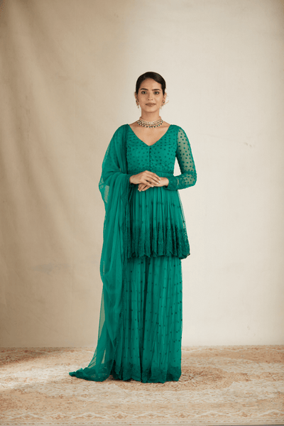 Teal Green Threadwork Peplum And Sharara - The Grand Trunk