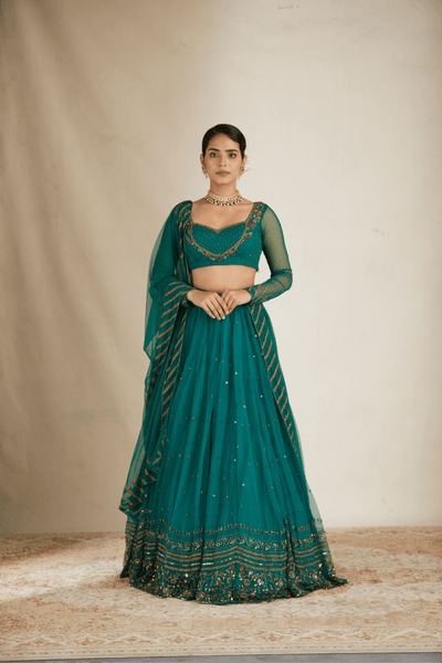 Teal Green Antique Seq Work Lehenga Set - The Grand Trunk