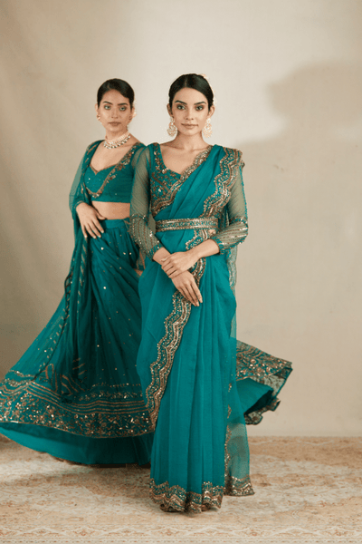 Teal Green Antique Seq Work Saree Set - The Grand Trunk