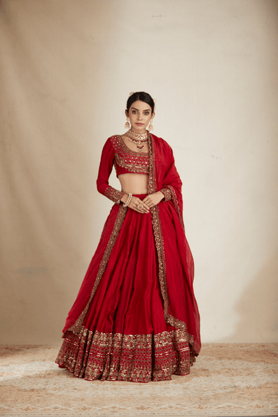 Red Chanderi Border Work Lehenga Set - The Grand Trunk