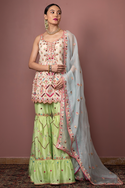 IVORY KURTA,GREEN GHARARA SET - The Grand Trunk