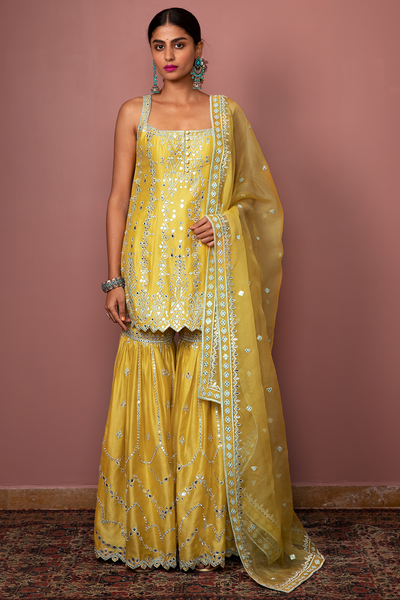 MUSTARD STRAPPY KURTA WITH GHARARA - The Grand Trunk