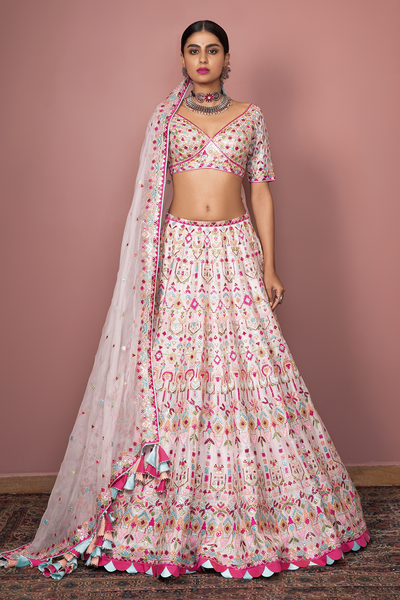 PINK CHNADERI LEHENGA SET WITH POP RESHAM COLOURS - The Grand Trunk