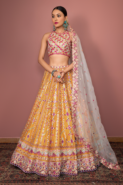 TANGERINE LEHENGA SET WITH HALTER BLOUSE - The Grand Trunk