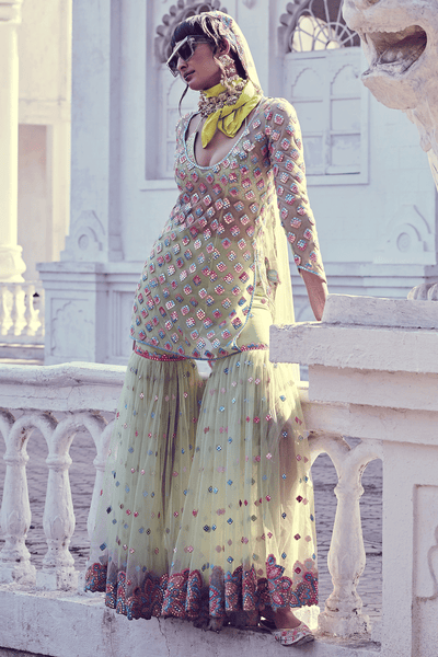 GREEN SOFT NET GHARARA SET - The Grand Trunk