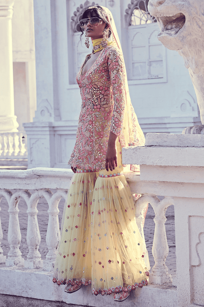 YELLOW SOFT NET GHARARA SET - The Grand Trunk