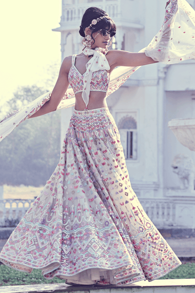 IVORY MULTI MIRROR LEHENGA SET - The Grand Trunk