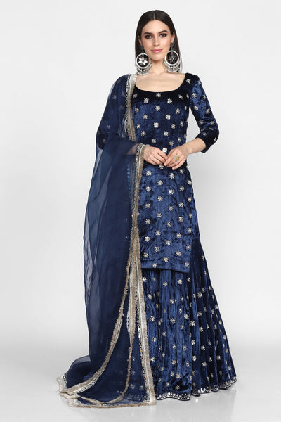 Abhinav Mishra  Navy Blue  Sharara Set - The Grand Trunk