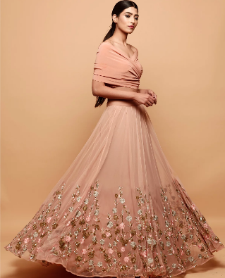 Astha Narang Off Shoulder Peach Lehenga - The Grand Trunk