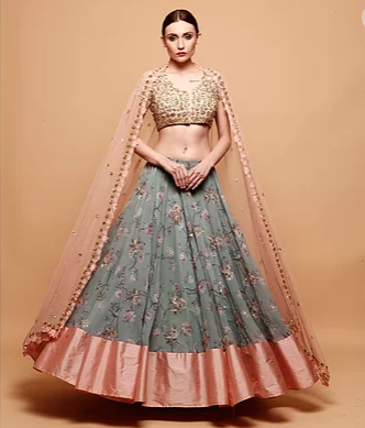 Blue Floral Print Lehenga - The Grand Trunk