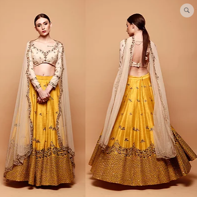 Astha Narang Mustard Yellow Lehenga with Cream Choli - The Grand Trunk