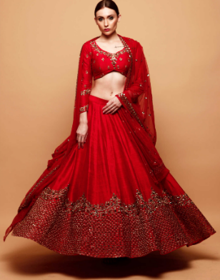 Astha Narang Red Lehenga with Gold Border - The Grand Trunk