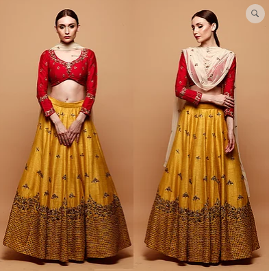 Astha Narang Mustard Yellow Lehenga With Red Blouse - The Grand Trunk