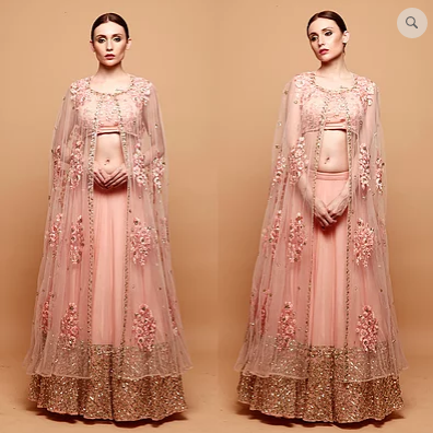 Pink Lehenga with Threadwork Choli and Cape - The Grand Trunk