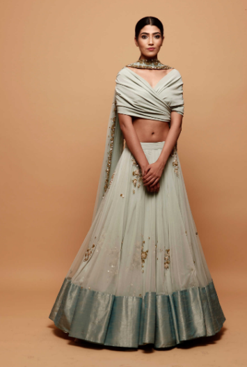 Astha Narang Sky Blue Lehenga With Drape Blouse - The Grand Trunk