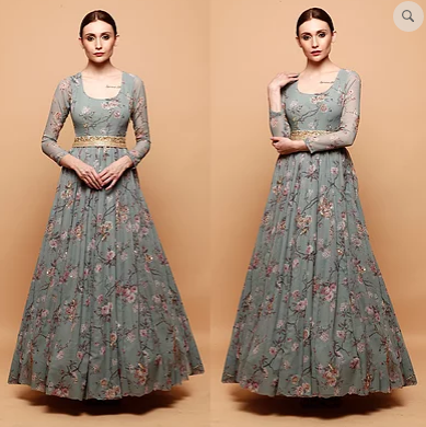 Astha Narang Blue Floral Print Anarkali Gown - The Grand Trunk