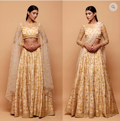 Astha Narang Cream and Yellow Threadwork Lehenga - The Grand Trunk