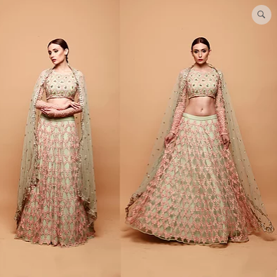 Astha Narang Green Lehenga with Pink Threadwork - The Grand Trunk